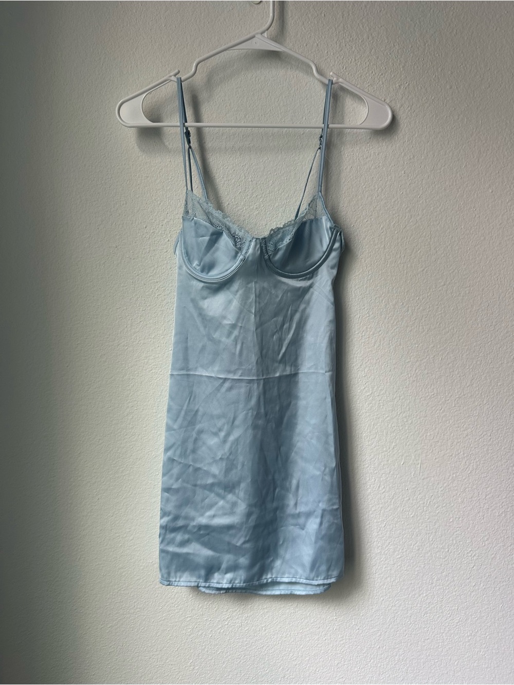 Kat the Label Sienna slip in ice XS Light Blue Satin Slip Dress with Lace Trim